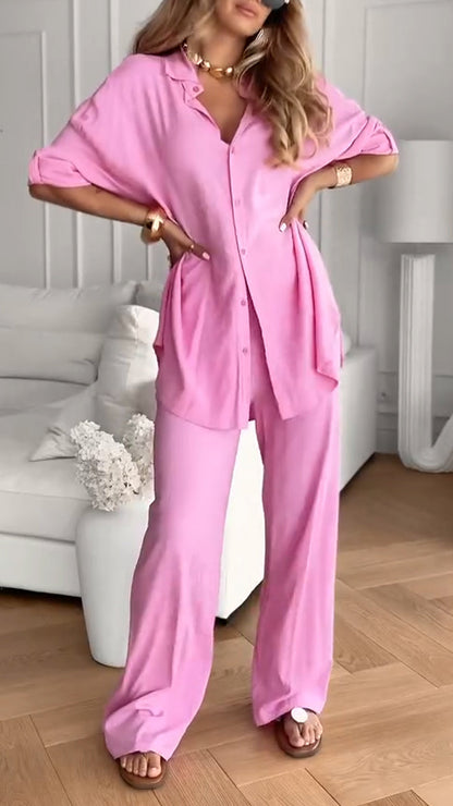 Ladies' Collar Solid Color Loose Casual Suit - MYSTERYBOXS