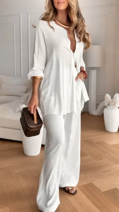 Ladies' Collar Solid Color Loose Casual Suit - MYSTERYBOXS