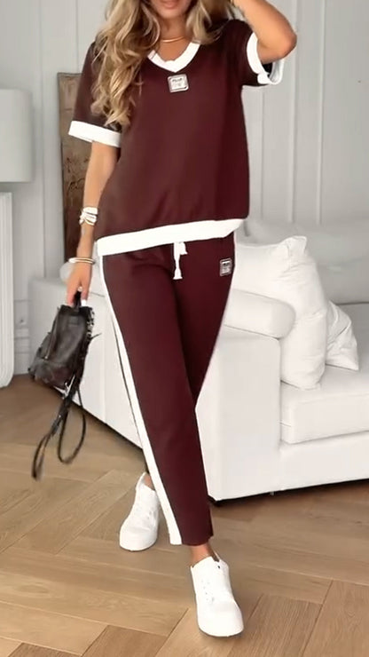 Ladies' V-neck Patchwork Top+ Pants Casual Suit - MYSTERYBOXS