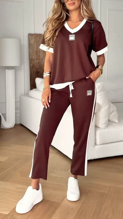 Ladies' V-neck Patchwork Top+ Pants Casual Suit - MYSTERYBOXS