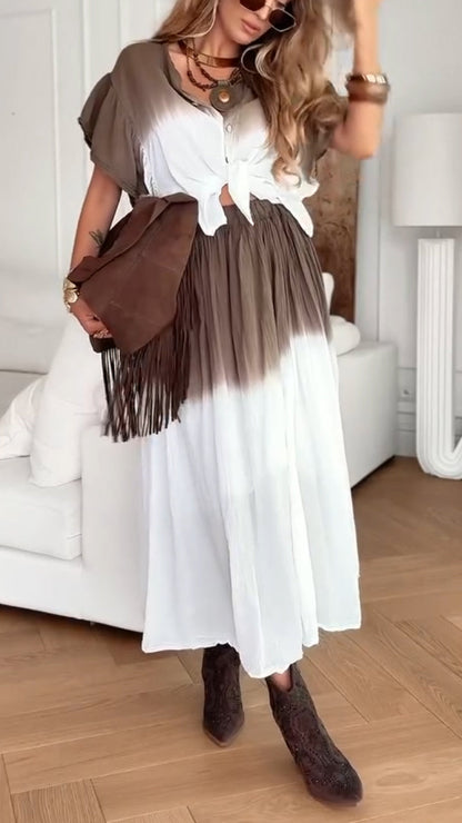 Ladies' Round Neck Breasted Gradient Contrasting Top+ Half Skirt Casual Suit - MYSTERYBOXS