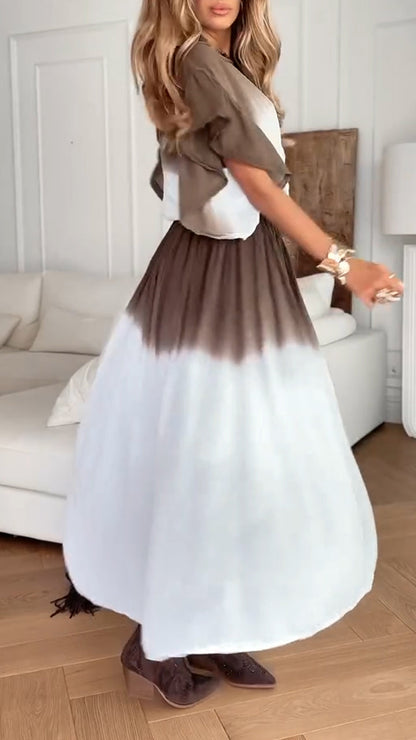 Ladies' Round Neck Breasted Gradient Contrasting Top+ Half Skirt Casual Suit - MYSTERYBOXS