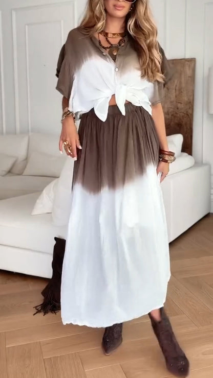 Ladies' Round Neck Breasted Gradient Contrasting Top+ Half Skirt Casual Suit - MYSTERYBOXS
