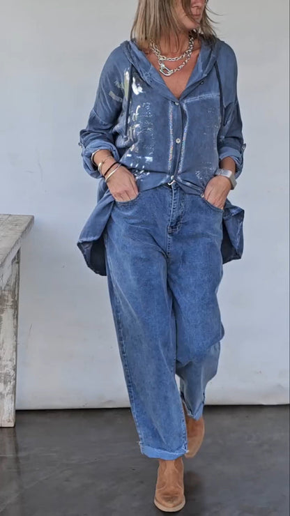Ladies' Collar Hot Silver Top+ Pants Casual Suit - MYSTERYBOXS