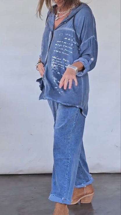 Ladies' Collar Hot Silver Top+ Pants Casual Suit - MYSTERYBOXS