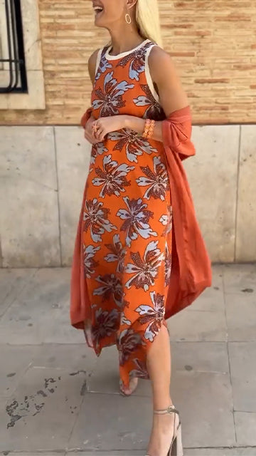 Ladies' Round Neck Printed Dress+ Cloak Casual Temperament Set - MYSTERYBOXS