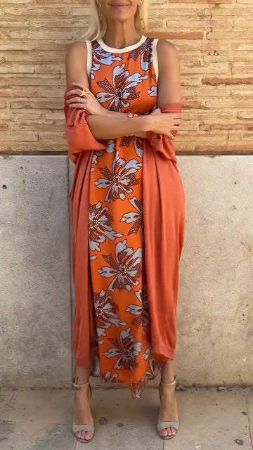 Ladies' Round Neck Printed Dress+ Cloak Casual Temperament Set - MYSTERYBOXS
