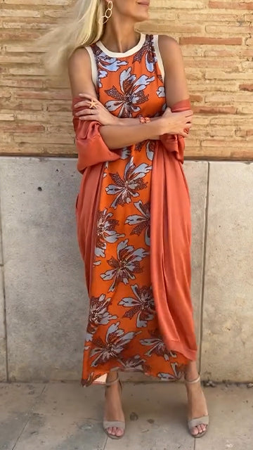 Ladies' Round Neck Printed Dress+ Cloak Casual Temperament Set - MYSTERYBOXS