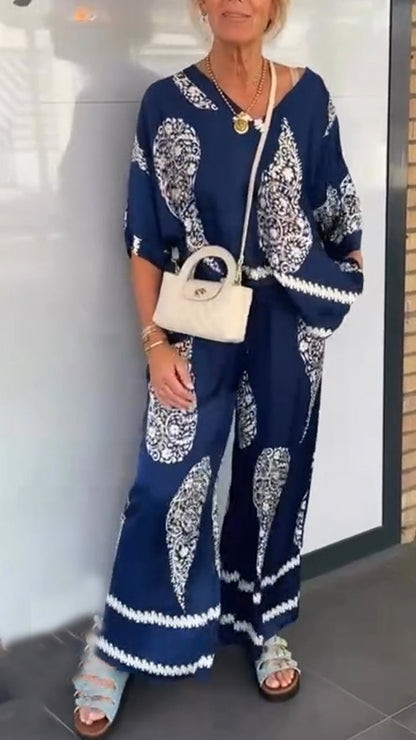 Women's V-neck Printed Top + Pants Loose Casual Suit - MYSTERYBOXS