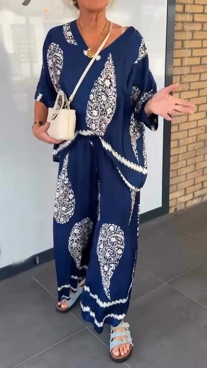 Women's V-neck Printed Top + Pants Loose Casual Suit - MYSTERYBOXS