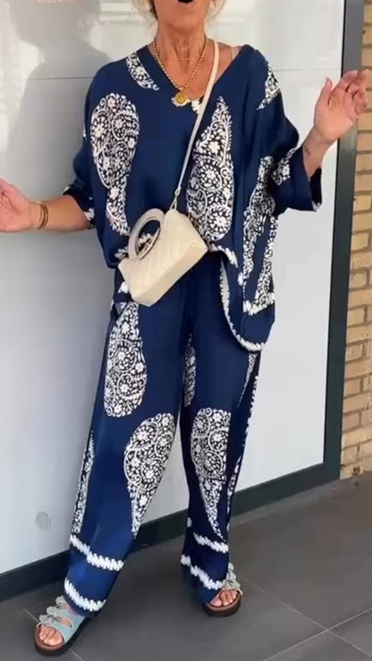 Women's V-neck Printed Top + Pants Loose Casual Suit - MYSTERYBOXS