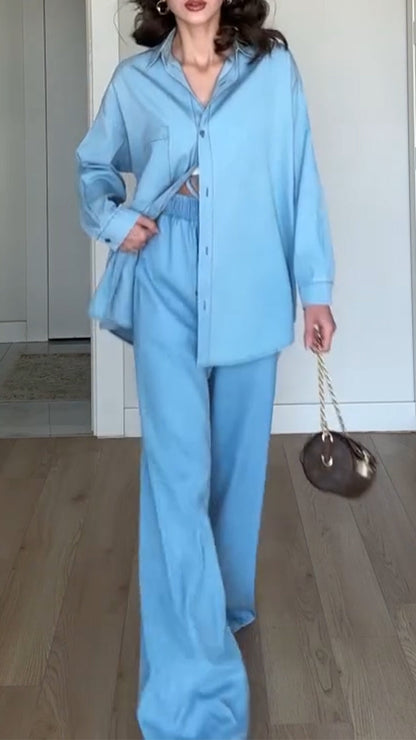 Ladies' Collar Solid Color Top+ Pants with A Casual Temperament Suit - MYSTERYBOXS
