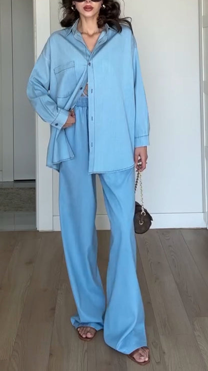 Ladies' Collar Solid Color Top+ Pants with A Casual Temperament Suit - MYSTERYBOXS