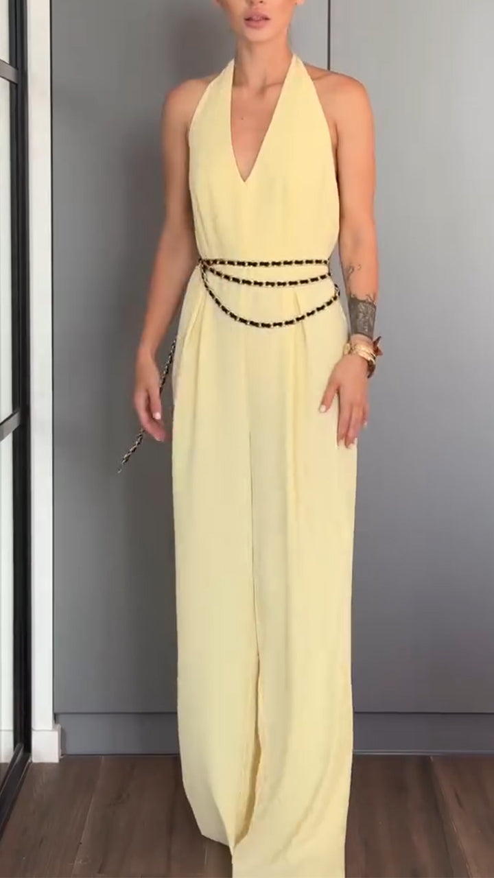 Ladies' Hanging Neck Solid Color Jumpsuit+ Shawl Casual Temperament Suit - MYSTERYBOXS