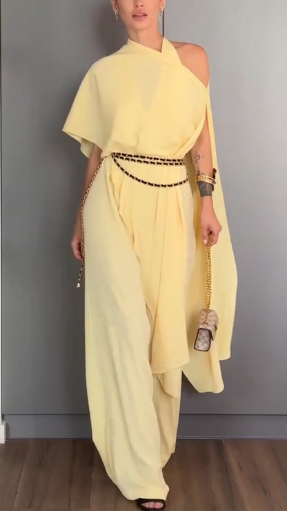 Ladies' Hanging Neck Solid Color Jumpsuit+ Shawl Casual Temperament Suit - MYSTERYBOXS