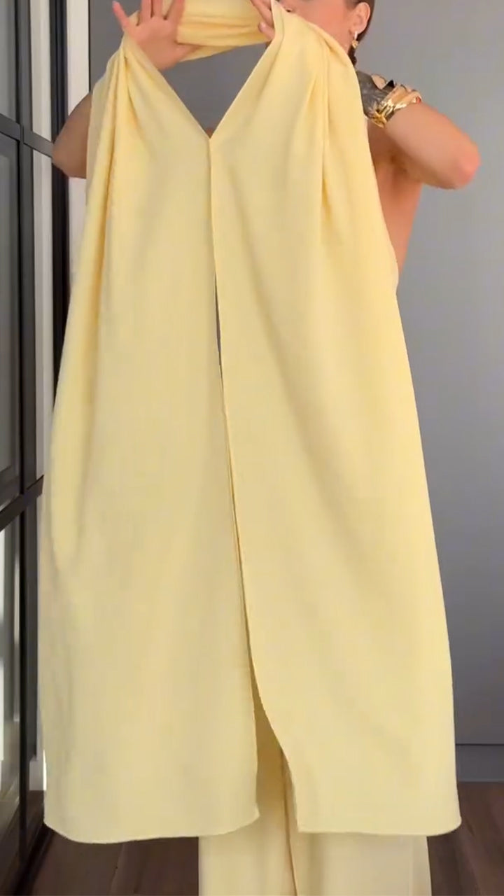 Ladies' Hanging Neck Solid Color Jumpsuit+ Shawl Casual Temperament Suit - MYSTERYBOXS