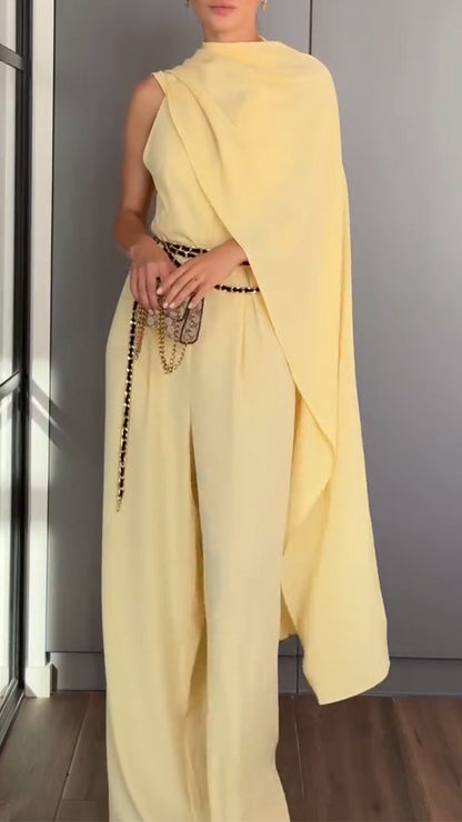 Ladies' Hanging Neck Solid Color Jumpsuit+ Shawl Casual Temperament Suit - MYSTERYBOXS