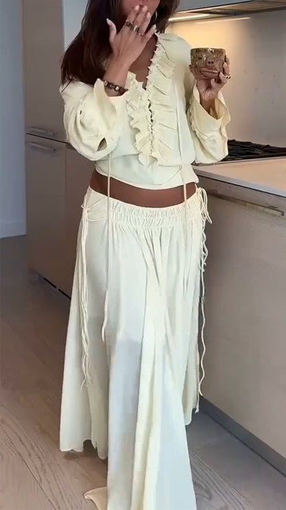 Ladies' V-neck Patchwork Drawstring Top+ Skirt Casual Set - MYSTERYBOXS