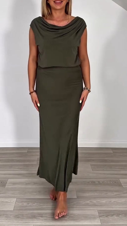 Ladies' Round Neck Solid Color Top+ Skirt Casual Set - MYSTERYBOXS