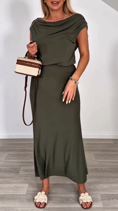 Ladies' Round Neck Solid Color Top+ Skirt Casual Set - MYSTERYBOXS