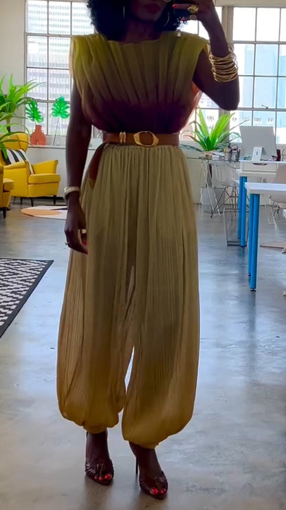 Ladies' Round Neck Pleated Gradient Top+ Pants Casual Suit - MYSTERYBOXS