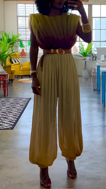 Ladies' Round Neck Pleated Gradient Top+ Pants Casual Suit - MYSTERYBOXS