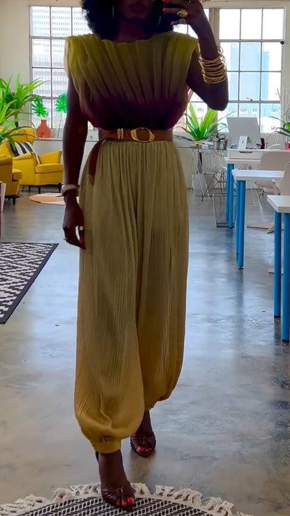 Ladies' Round Neck Pleated Gradient Top+ Pants Casual Suit - MYSTERYBOXS