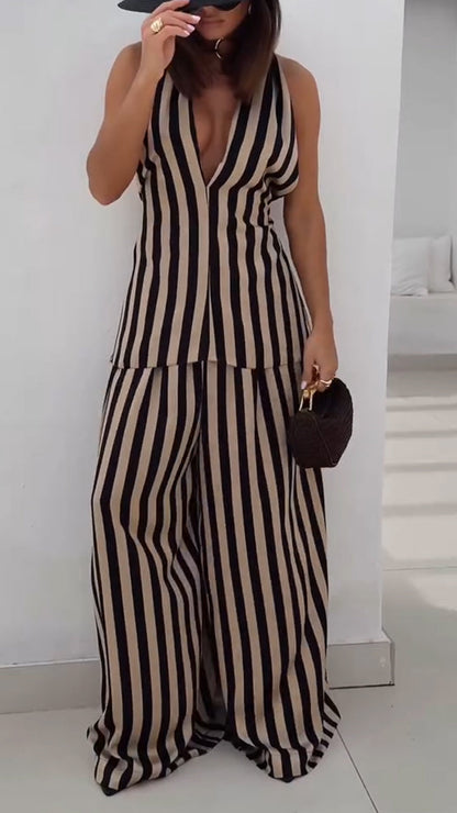 Women's V-neck Vertical Stripe Hanging Neck Top+ Pants Casual Suit - MYSTERYBOXS