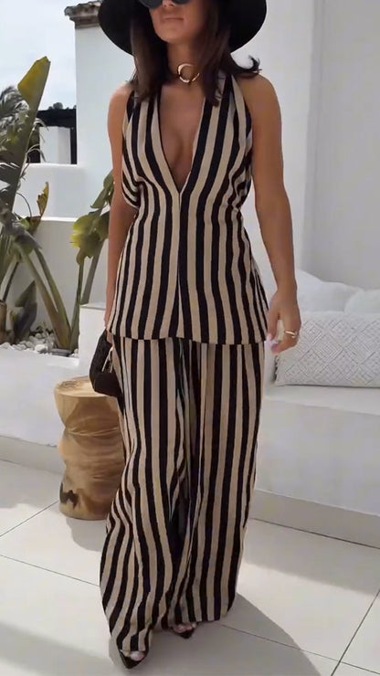 Women's V-neck Vertical Stripe Hanging Neck Top+ Pants Casual Suit - MYSTERYBOXS