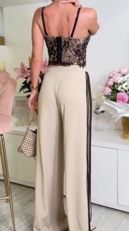 Ladies' Suspender Printed Top+ Spliced Vertical Striped Pants Casual Set - MYSTERYBOXS