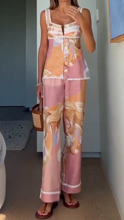 Ladies' Square Collar Button Printed Top + Pants Casual Set - MYSTERYBOXS
