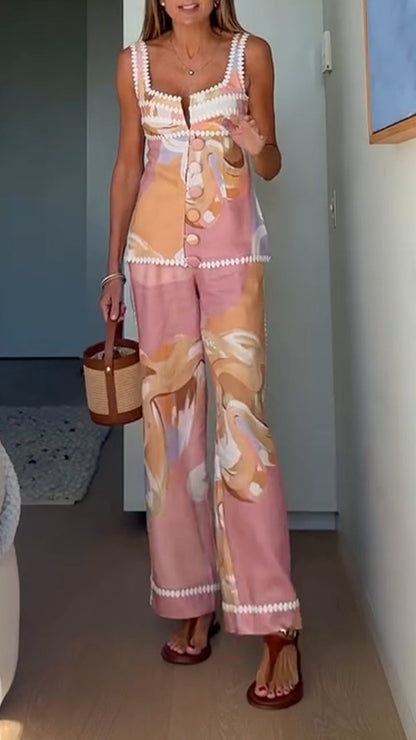 Ladies' Square Collar Button Printed Top + Pants Casual Set - MYSTERYBOXS