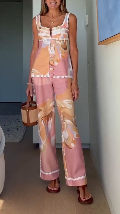 Ladies' Square Collar Button Printed Top + Pants Casual Set - MYSTERYBOXS