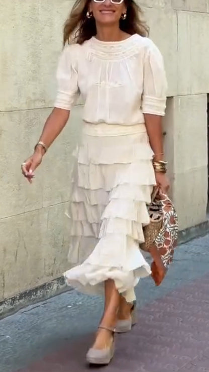 Women's Round Neck Top+ Patchwork Skirt Solid Color Casual Set - MYSTERYBOXS