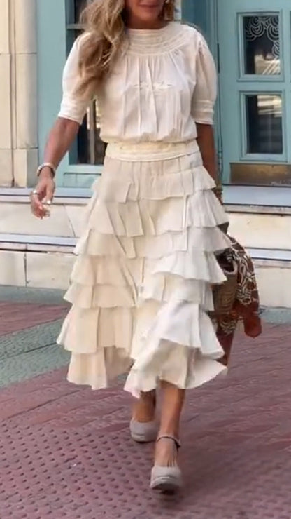 Women's Round Neck Top+ Patchwork Skirt Solid Color Casual Set - MYSTERYBOXS