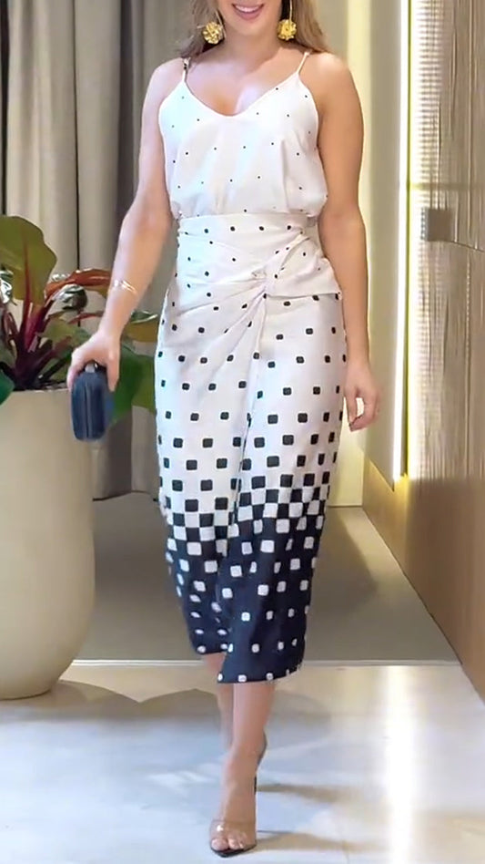 Ladies' Spaghetti Strap Polka Dot Top+ Skirt Casual Temperament Set