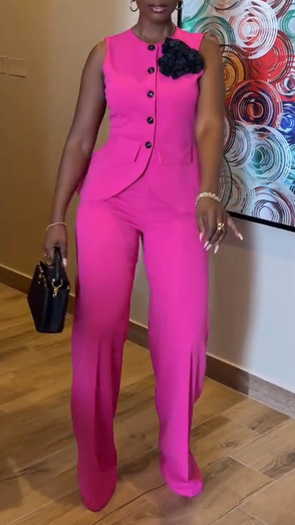 Ladies' Round Neck Breasted Top + Pants Casual Suit - MYSTERYBOXS