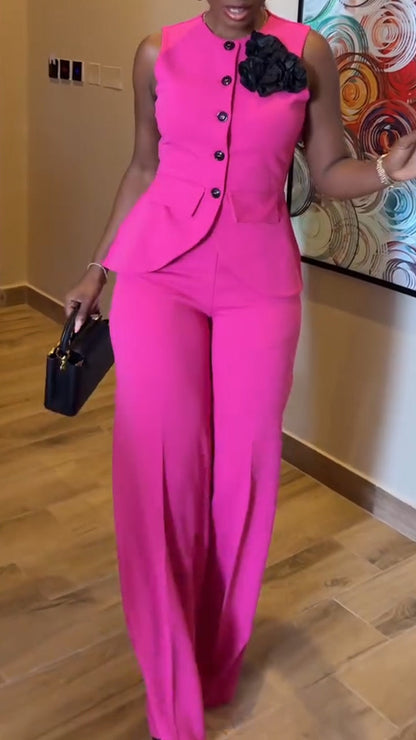 Ladies' Round Neck Breasted Top + Pants Casual Suit - MYSTERYBOXS