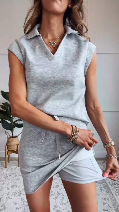 Ladies' Collar Top+ Drawstring Skirt Casual Set - MYSTERYBOXS