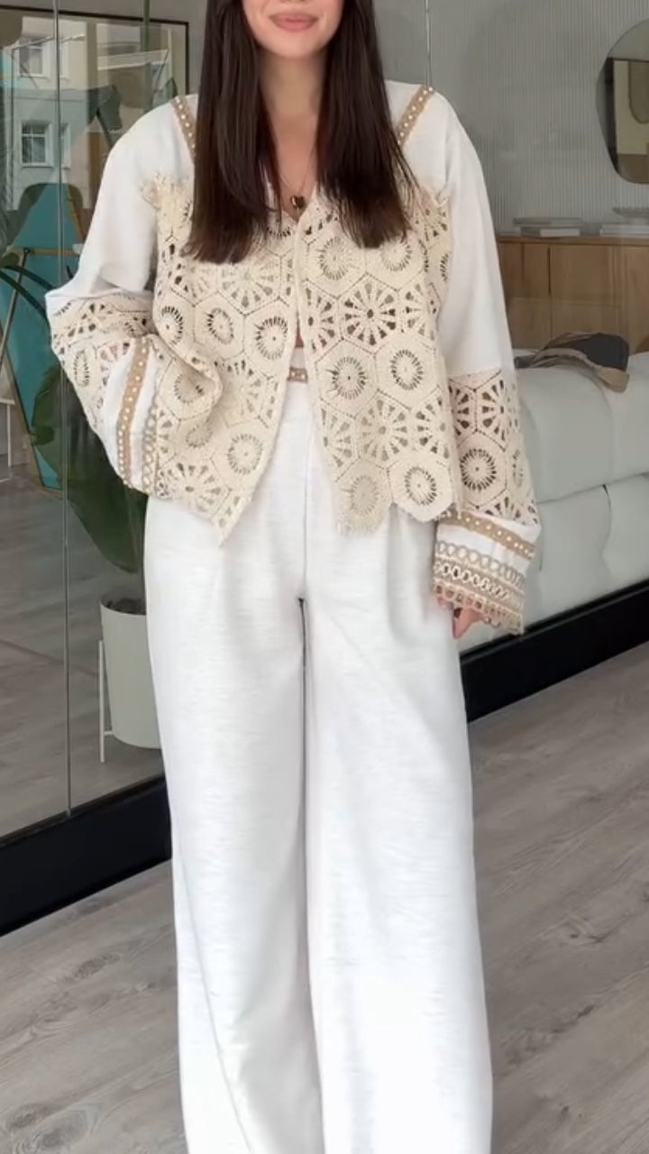 Traje casual con cuello en V y costuras huecas para mujer