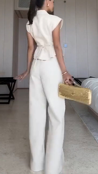 Women's Collar Top+ Pants Solid Color Temperament Commuting Suit - MYSTERYBOXS