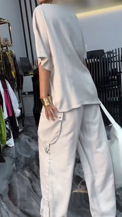 Ladies' Round Neck Side Pleated Top+ Pants Casual Set - MYSTERYBOXS