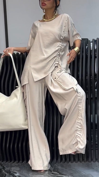 Ladies' Round Neck Side Pleated Top+ Pants Casual Set - MYSTERYBOXS