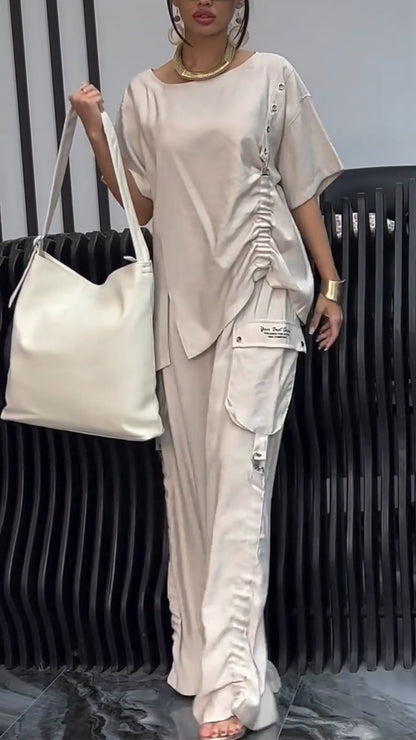 Ladies' Round Neck Side Pleated Top+ Pants Casual Set - MYSTERYBOXS