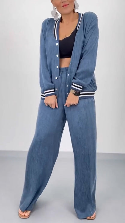 Ladies' Round Neck Patchwork Striped Breasted Top+ Pants Casual Set - MYSTERYBOXS