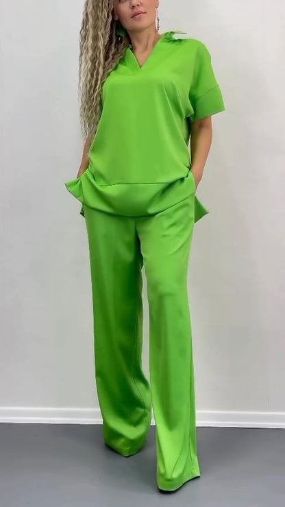 Ladies' Collar Solid Color Splicing Casual Set - MYSTERYBOXS