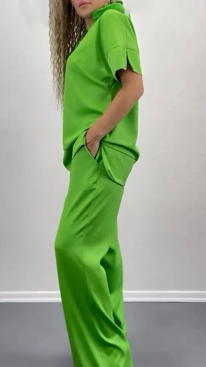 Ladies' Collar Solid Color Splicing Casual Set - MYSTERYBOXS