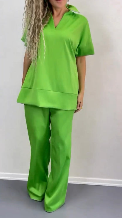 Ladies' Collar Solid Color Splicing Casual Set - MYSTERYBOXS