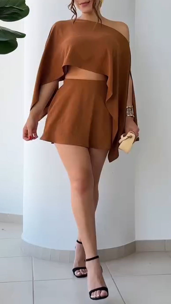 Ladies' Oblique Neck Solid Color Multiple Wearing Styles Top+ Skirt Casual Set - MYSTERYBOXS