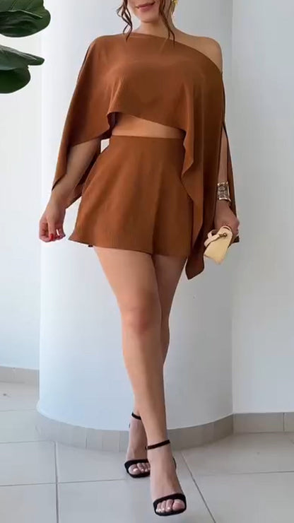 Ladies' Oblique Neck Solid Color Multiple Wearing Styles Top+ Skirt Casual Set - MYSTERYBOXS